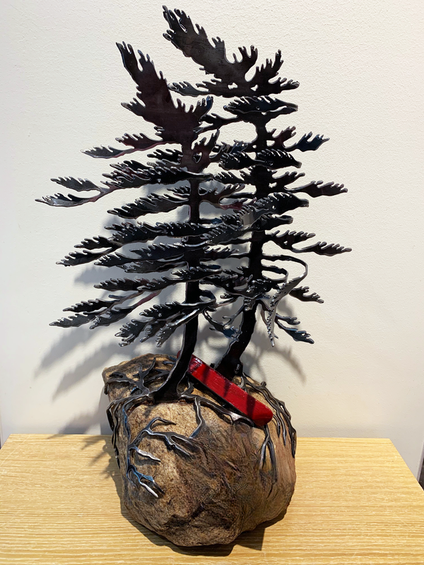 Windswept Pine and Canoe Sculpture